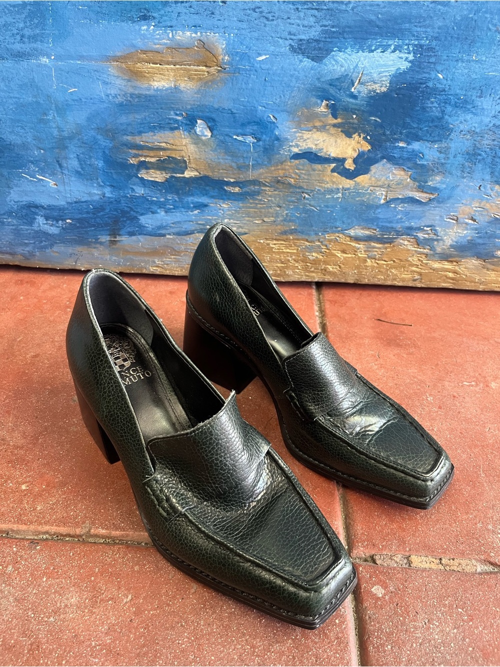 Vince Camuto Black Leather Square-Toe Block Heel Loafers